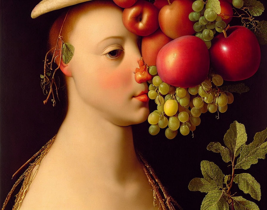 Person with Fruit-Adorned Hat and Leafy Branch Painting