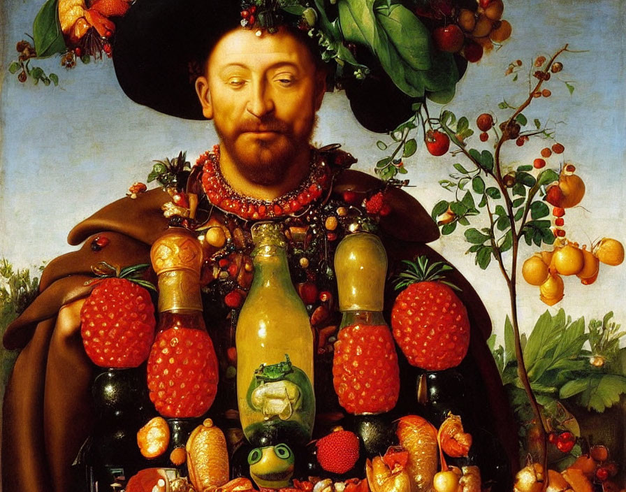 Man portrait with body made of fruits and vegetables and green wreath