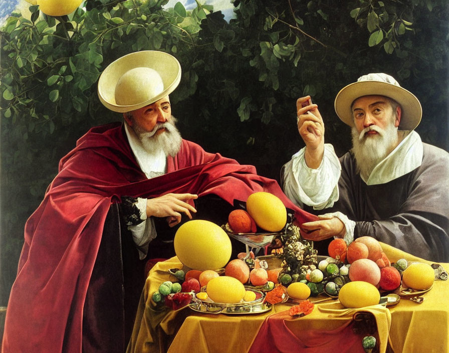 Elderly men in historical attire discussing colorful fruits at table