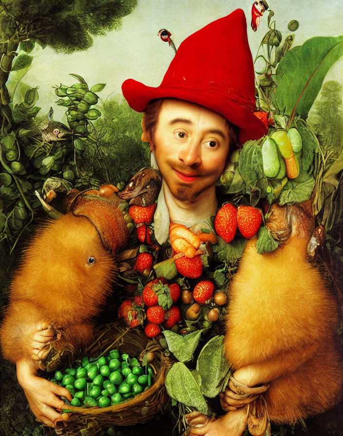 Colorful portrait of person with fruit and vegetable face and red hat amidst animals and plants