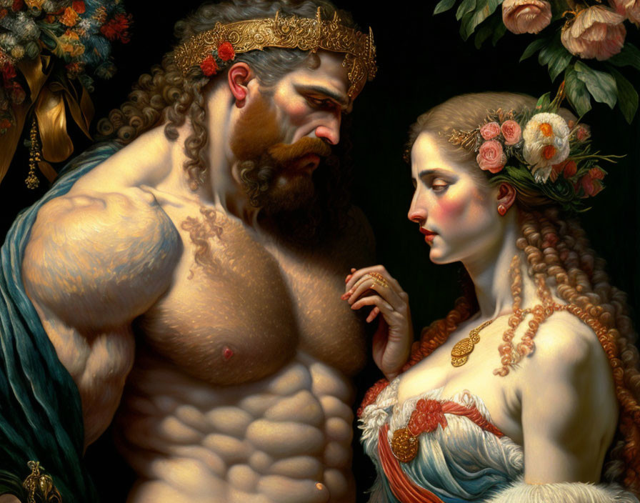 Muscular man and fair woman in classical attire against dark floral backdrop