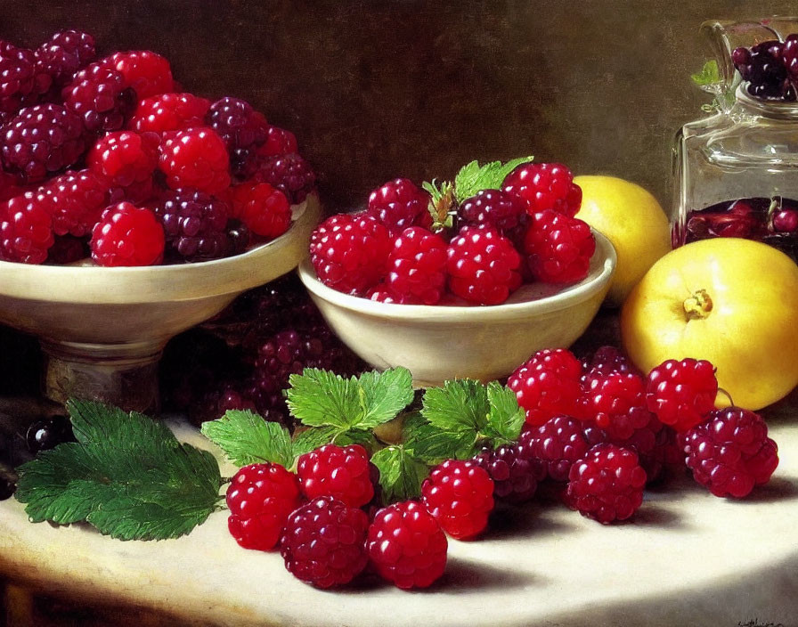 Vibrant still life painting of raspberries, bowls, table, green leaves, and yellow fruit