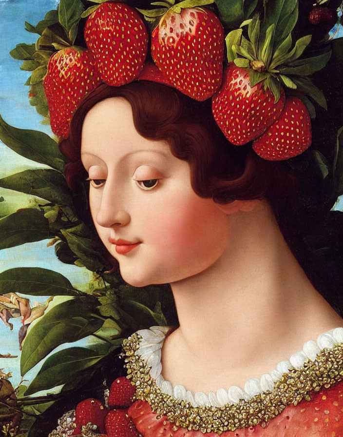 Classic Painting: Woman with Strawberries in Hair and Dress Among Green Leaves