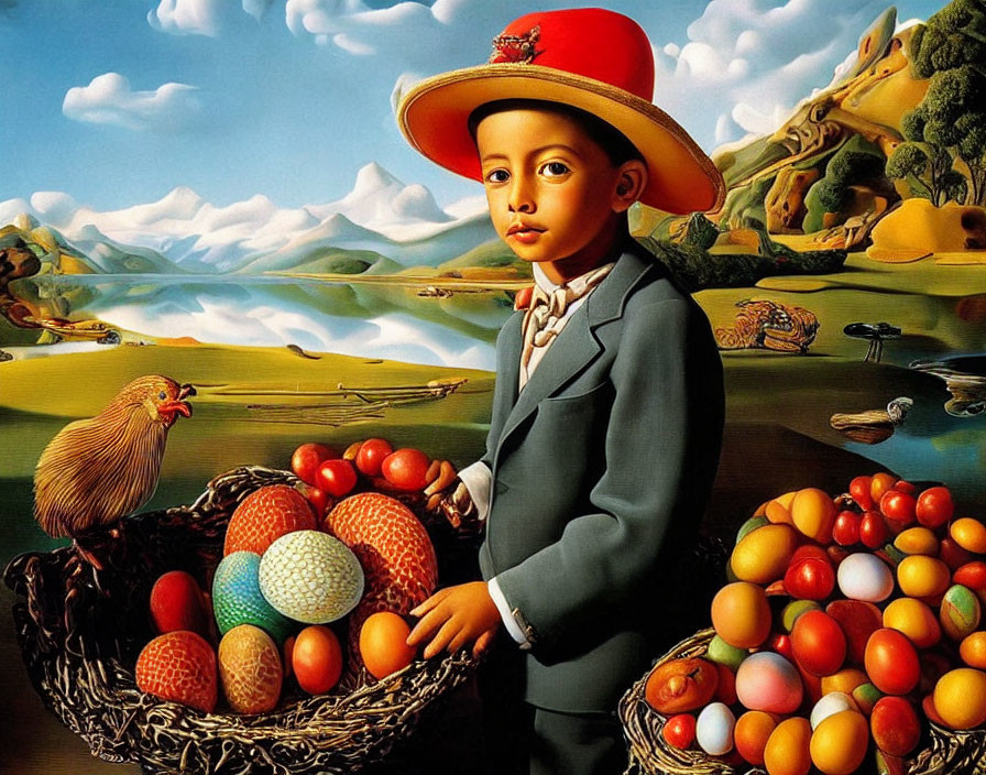 Surreal painting of young boy with colorful eggs and rooster