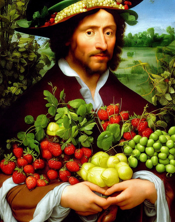 Man adorned with fruits and vegetables in whimsical portrait