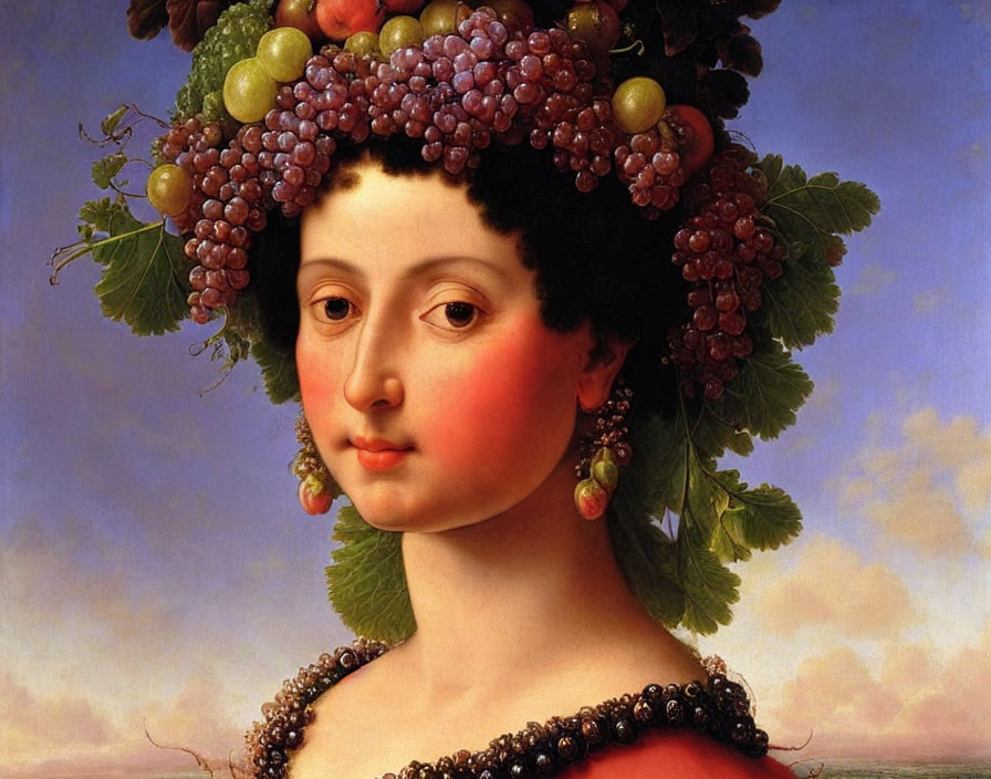 Portrait of Woman with Grape and Fruit Headdress on Blue Sky Background