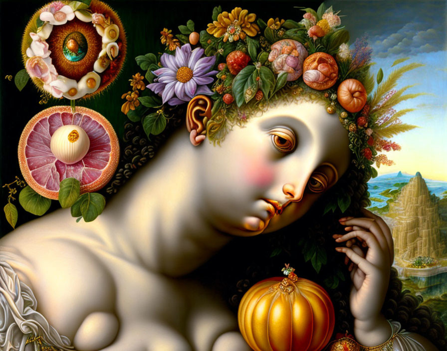 Surreal portrait featuring woman with flora and fruit in hair, landscape background, eye in flower.