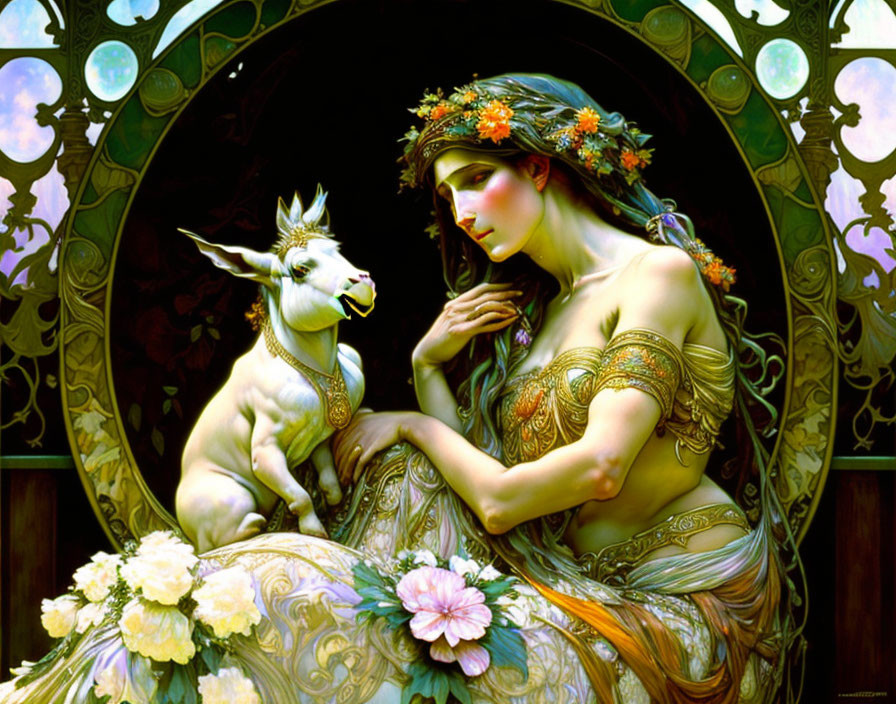 Ethereal woman with floral crown embracing small goat in lush floral backdrop