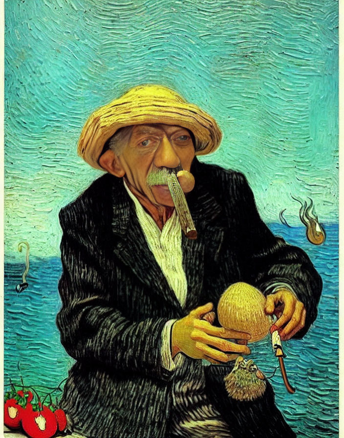 Elderly man in straw hat peeling orange against blue impressionist background