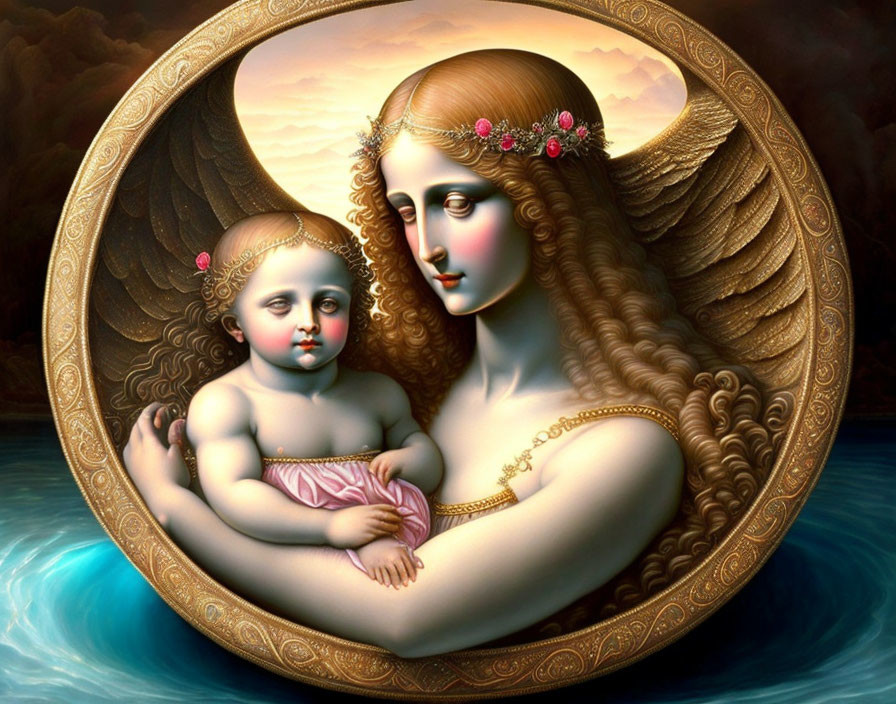 Surreal painting: Woman with wings holding child in golden circular frame