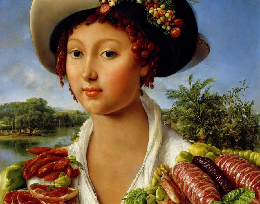 Classical portrait featuring woman with fruit hat and harvest display