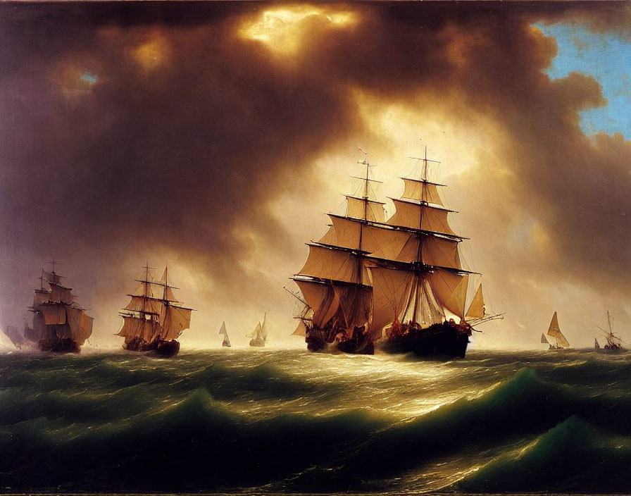 Sailing ships on tumultuous seas under dramatic sky