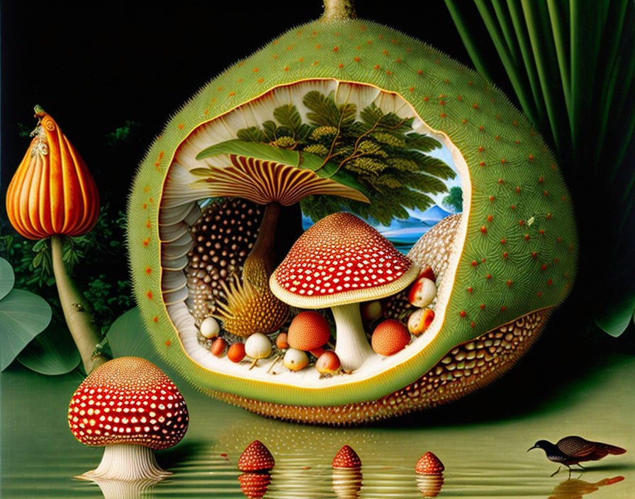 Colorful Surreal Painting: Fruit-like Structure with Mushrooms and Bird