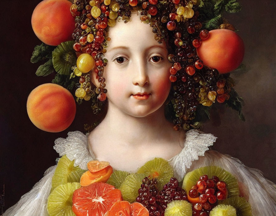 Classical portrait with fruit headdress and citrus necklace.