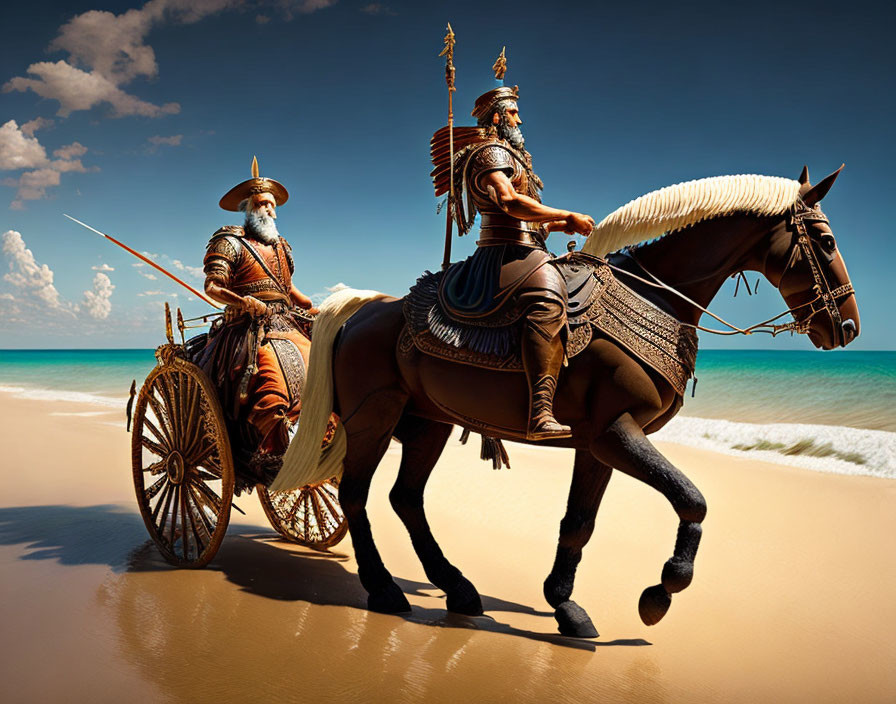 Medieval warriors in armor on beach: one on horse, one on chariot