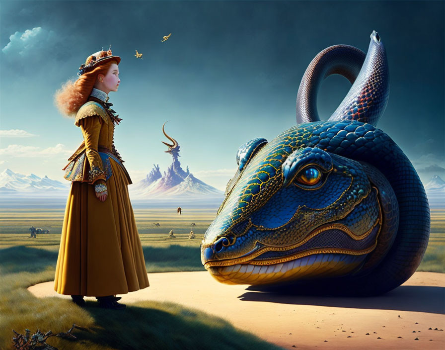 Vintage-dressed woman faces colossal serpent in surreal landscape