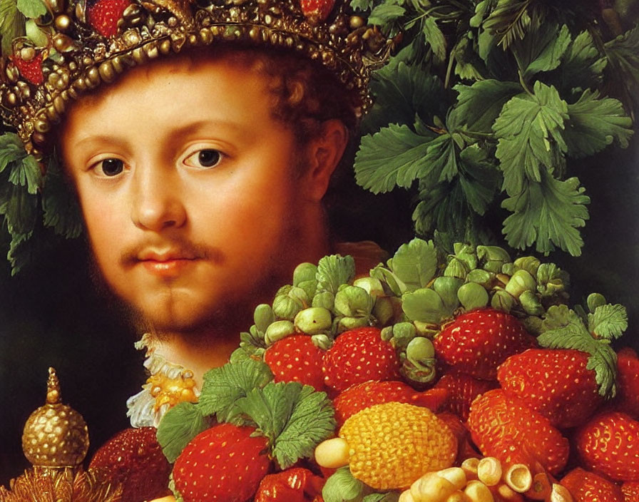 Person with fruit, leaves, and flower crown surrounded by strawberries, hop buds, and foliage