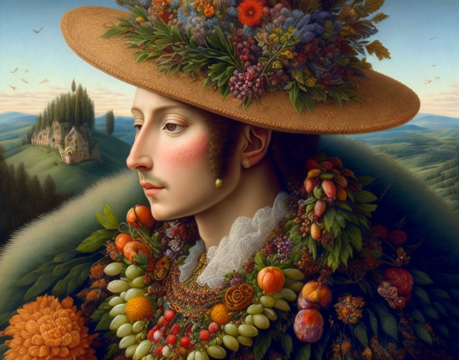 Woman portrait with fruit, flower, and leaf adornments in pastoral landscape