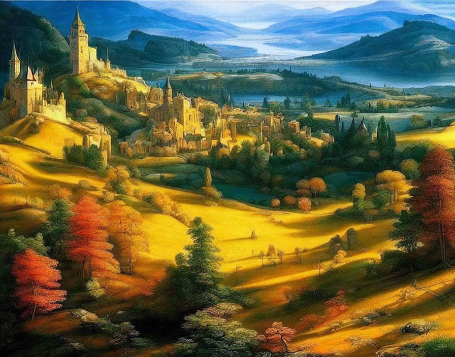 Fantasy landscape with castles, autumn trees, river, and mountains