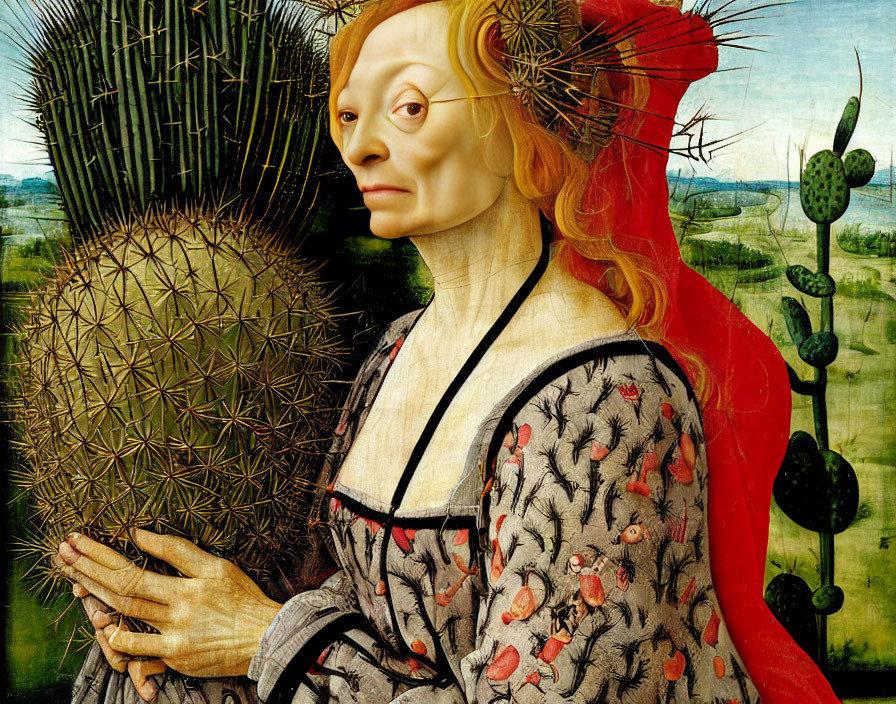 Detailed historical clothing painting with person holding thistle and red headpiece