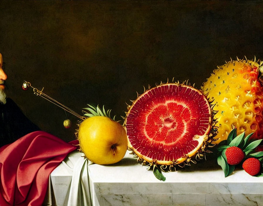 Man observing colorful fruit still life with watermelon on tabletop