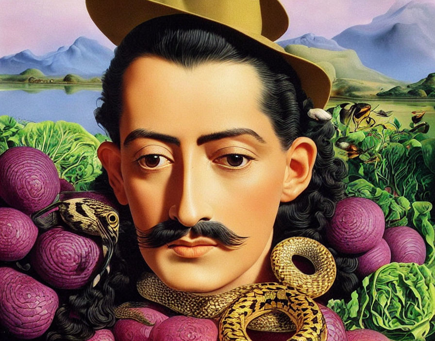 Surrealist portrait with mustache, hat, purple fruits, snakes, mountains, and fields