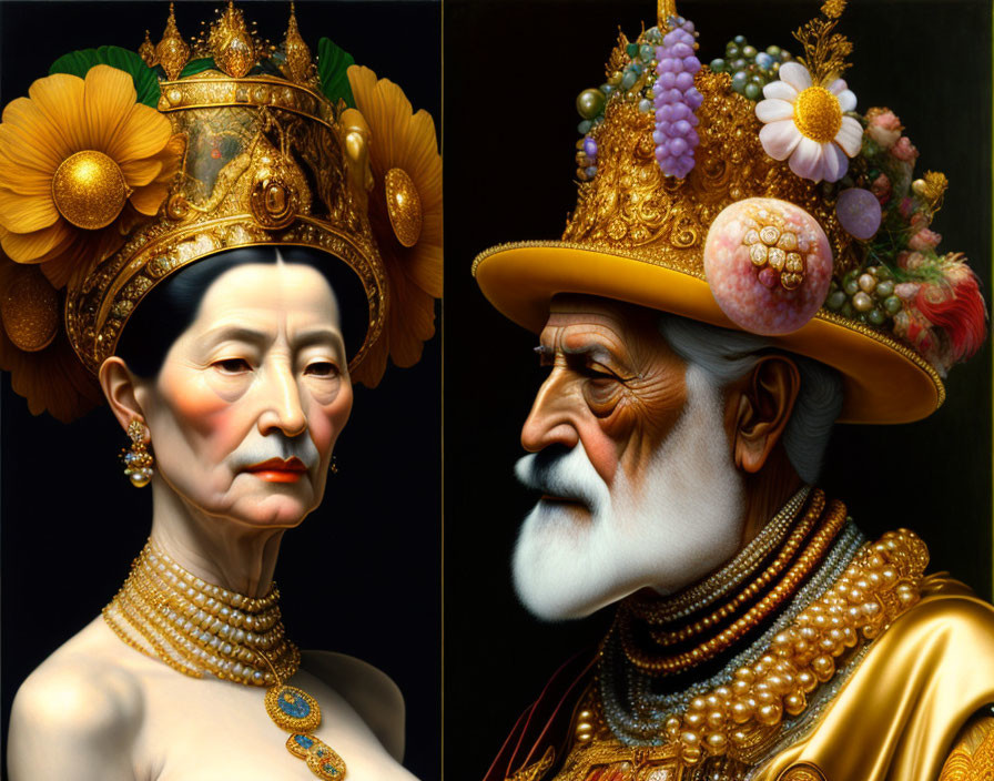 Detailed portraits of a woman in a floral crown and a man in a bejeweled hat with