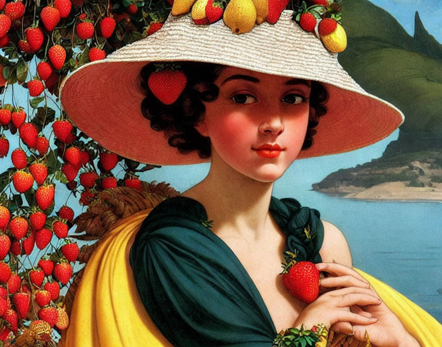 Portrait of a woman with wide-brimmed fruit hat and green dress.