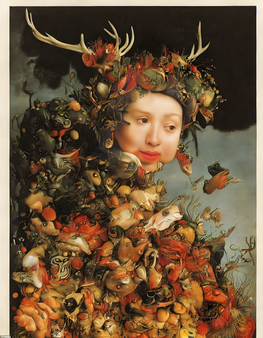 Surreal portrait: woman's face merged with elaborate animal, fruit, and flower headdress on