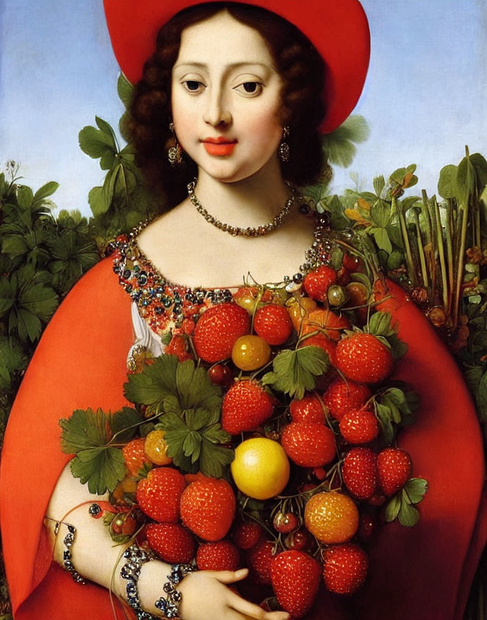 Woman in Red Dress and Hat with Strawberries and Orange Portrait