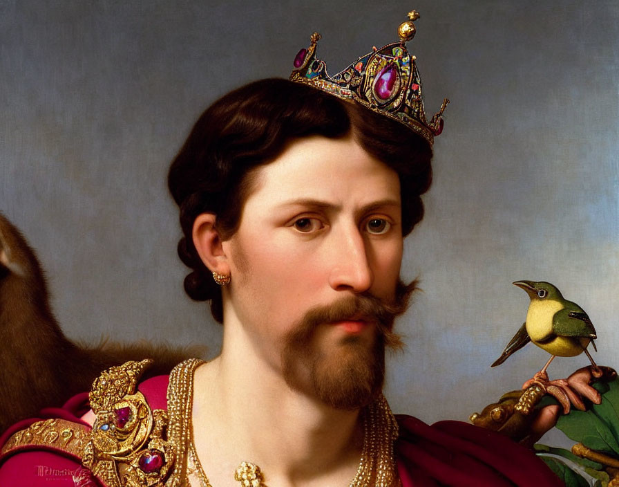 Portrait of a man with crown, robe, mustache, beard, and bird on hand.