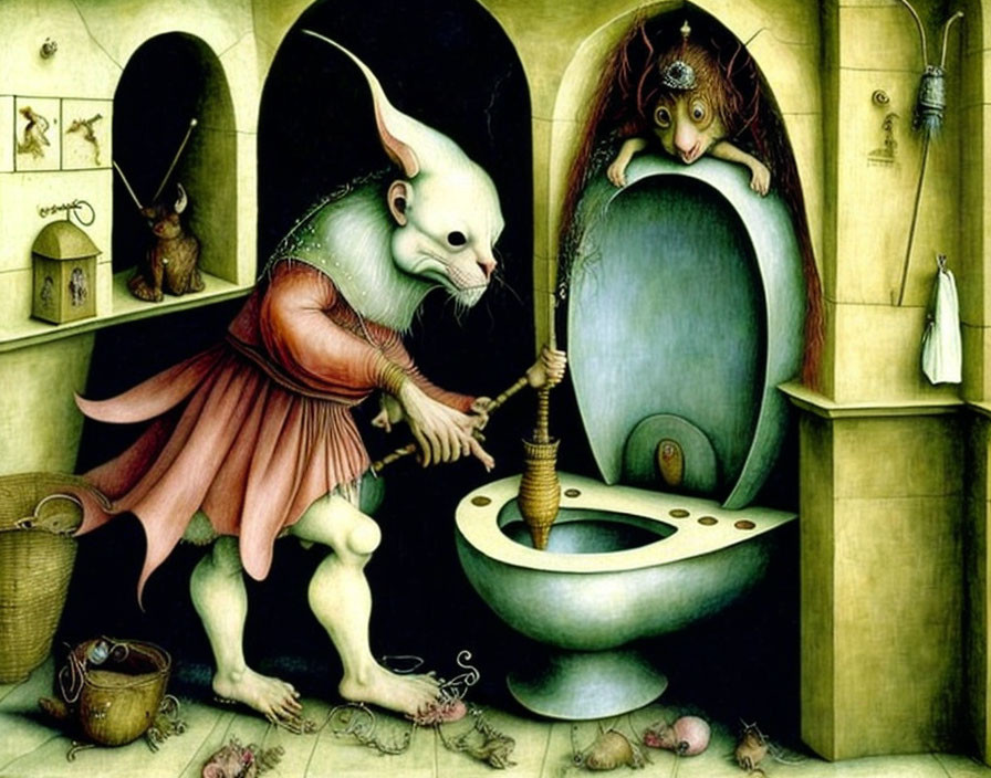 Surreal painting: rodent-like creature cleaning giant egg, small creatures watching.