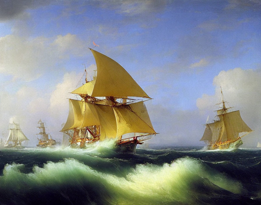 Maritime painting of sailing ships on rough sea