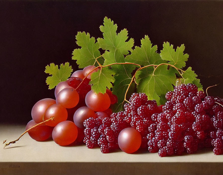 Vibrant red and purple grapes with green leaves on dark background