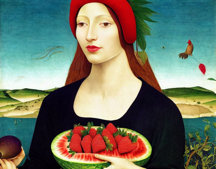 Surreal portrait: Woman in red hat with watermelon and flying rooster