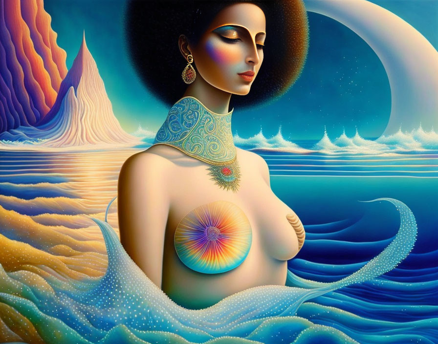 Surreal Artwork: Serene Woman with Cosmic Elements