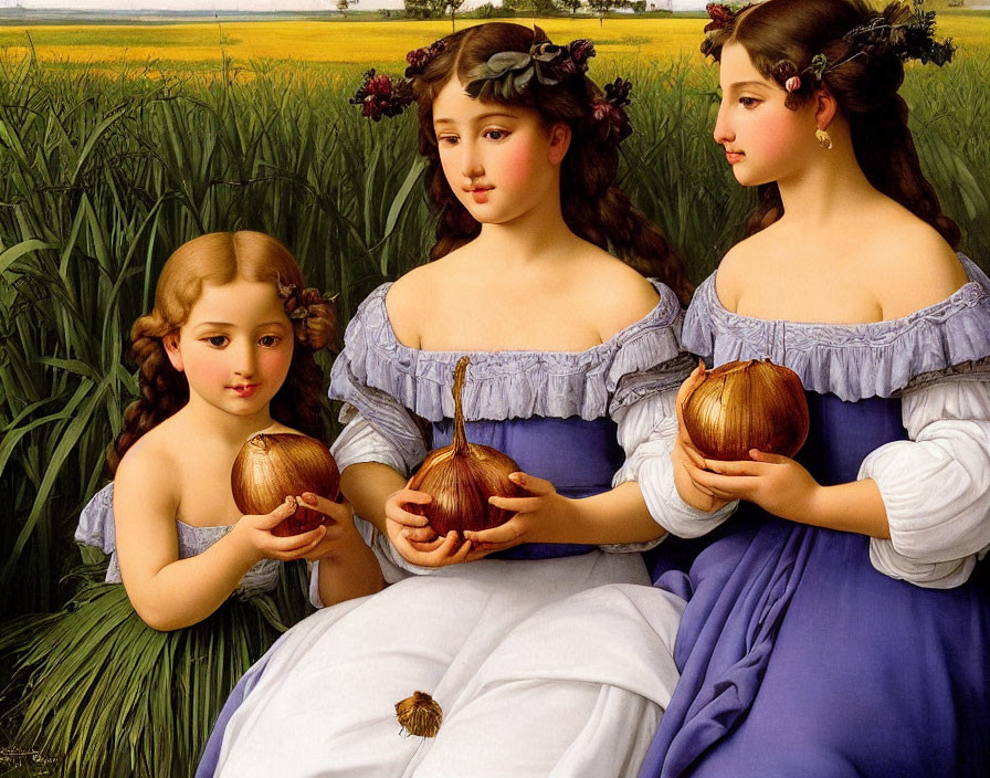 Three women in classical attire with wreaths holding onions in a pastoral scene