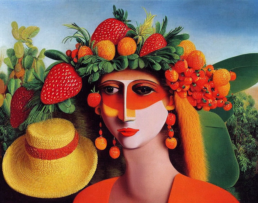 Vibrant painting of woman's face with fruit headdress and straw hat