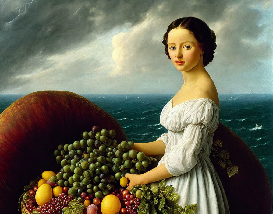 Classic Oil Painting: Woman in White Dress with Fruit and Stormy Seascape