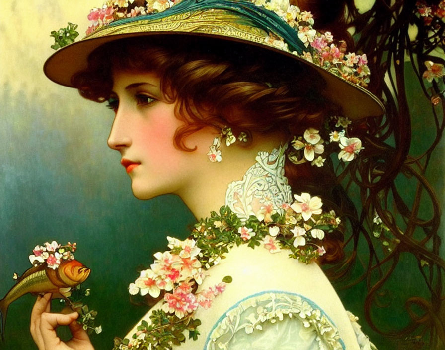 Vintage Portrait of Woman in Floral Hat and Dress with Bird