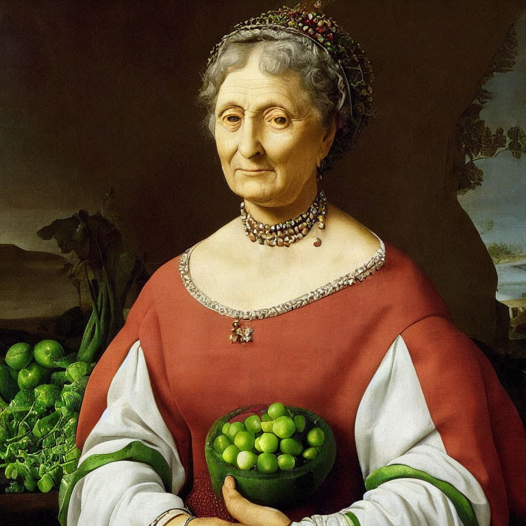 Elderly woman portrait in red dress with apples