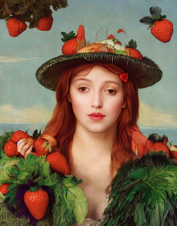 Surreal portrait of a woman with a strawberry-themed hat surrounded by oversized strawberries and leaves on sky