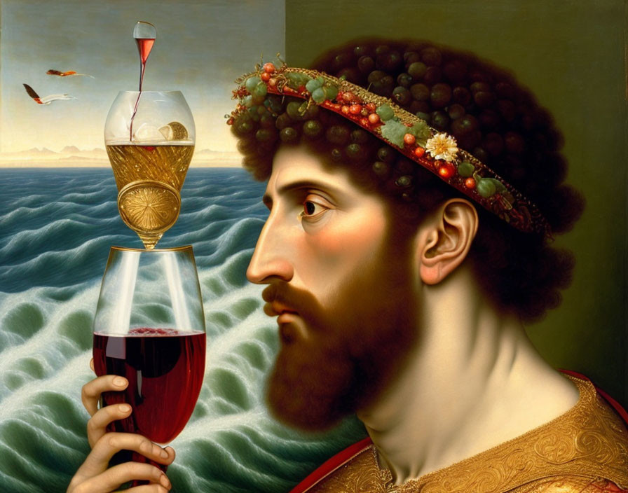 Surreal portrait: man with chalice head, red wine, hourglass, seascape