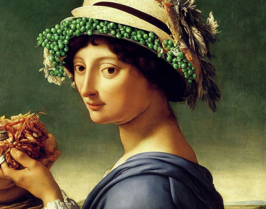 Classical painting of woman with fruit hat, blue draped clothing, and red crawfish cluster.