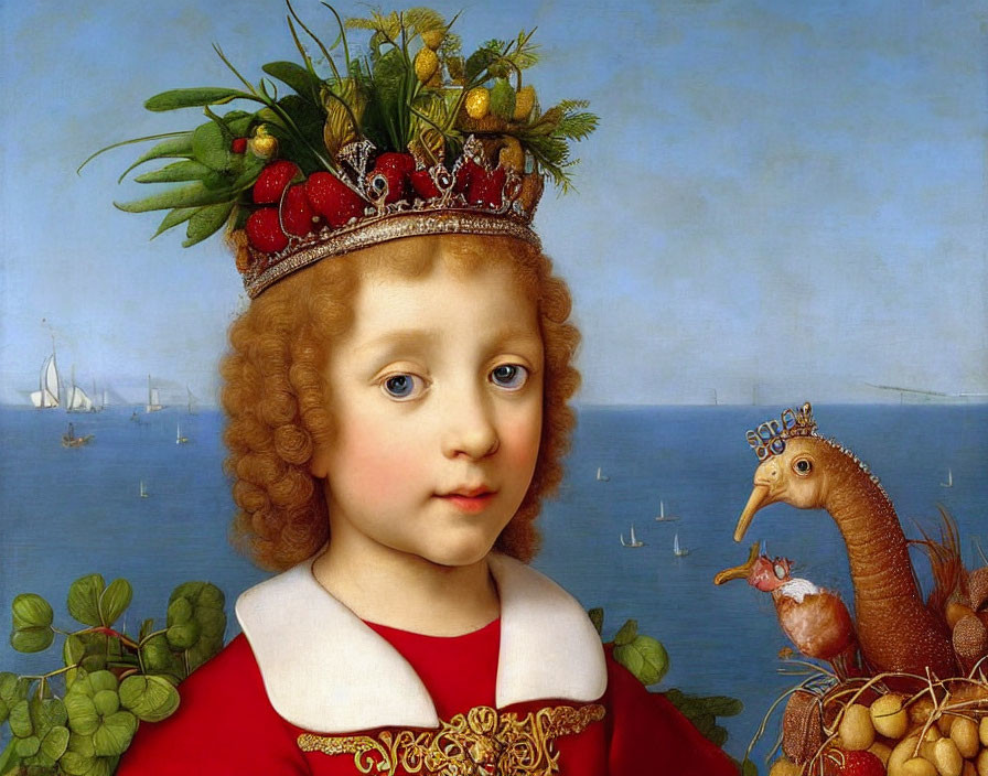 Renaissance-style painting of child with fruit wreath and turkey in crown