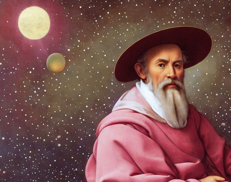 Historical costume portrait of bearded man under starry sky