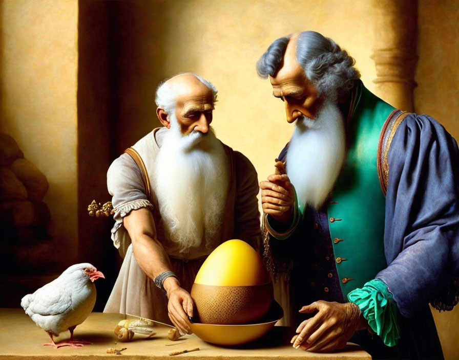 Historical men inspect giant golden egg with pigeon and spilled bottle