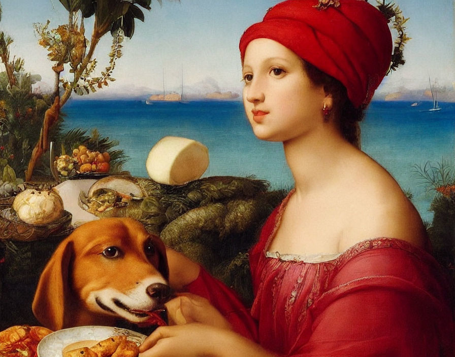 Young woman in red dress with beagle by serene seascape