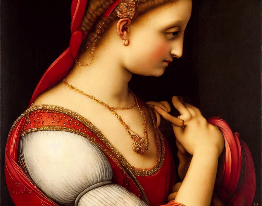 Portrait of young woman with auburn hair in red headscarf and pearl necklace on dark background