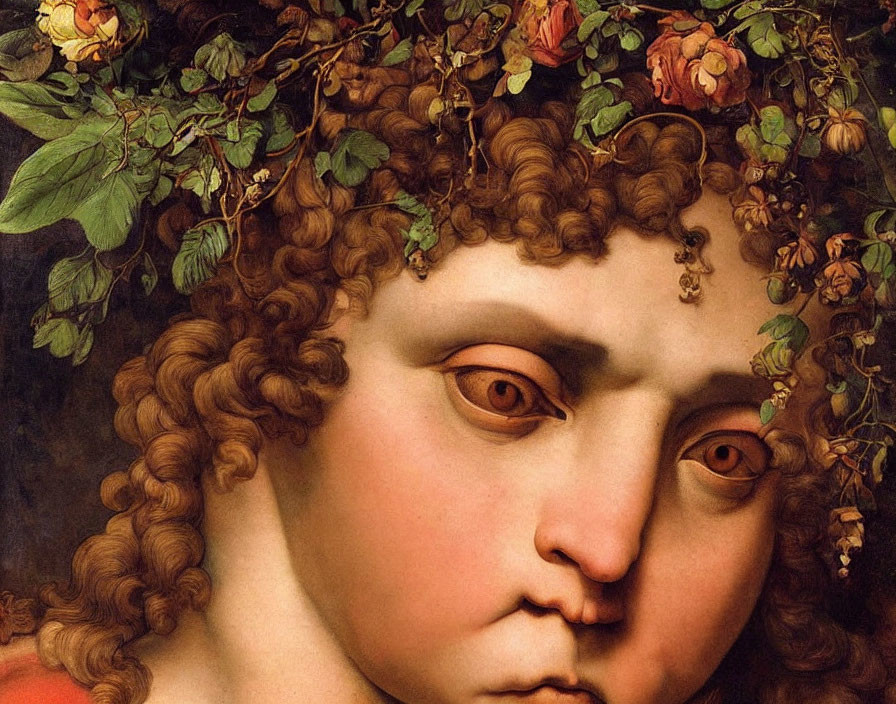 Classical painting: Figure with floral wreath and grapevines, detailed hair and expressive eyes.